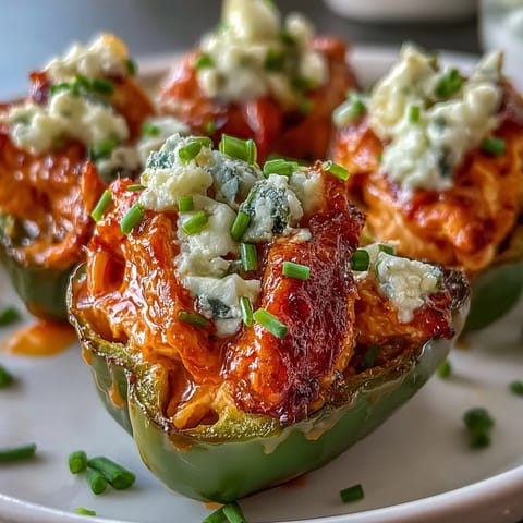 Stuffed jalapeño halves with creamy chicken and blue cheese, drizzled in buffalo sauce.