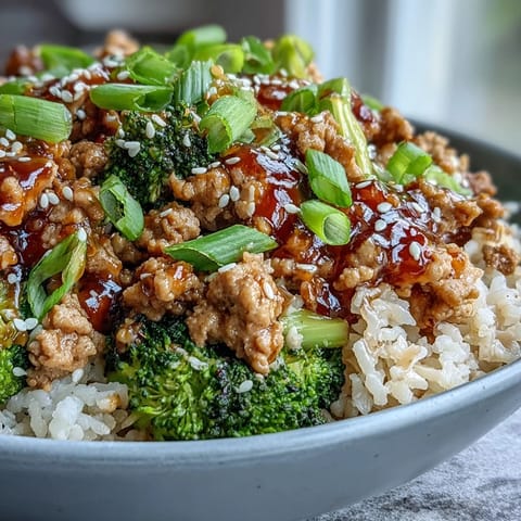 A close-up of Sweet and spicy turkey broccoli bowls reveals sesame seeds and fresh green onions topping savory turkey and vibrant broccoli florets.