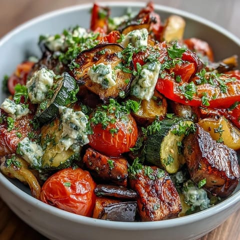 Crumpled feta cheese and fresh parsley garnish a warm platter of roasted Mediterranean Greek vegetables.