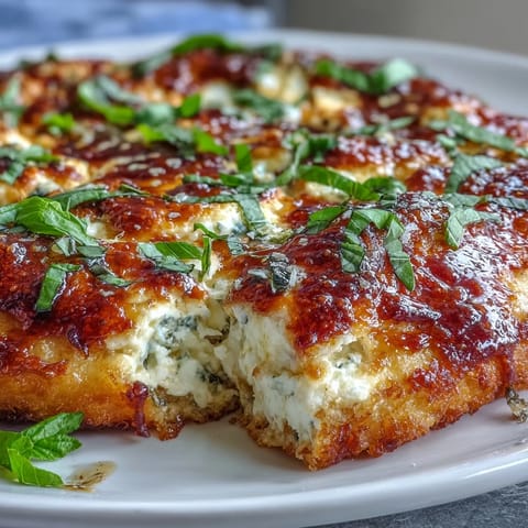 Slice of Hot Honey Ricotta Pizza showing a thick, fluffy crust with vibrant basil and a warm, spicy honey drizzle.