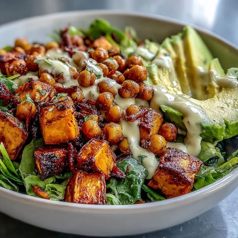 Roasted sweet potatoes and crispy chickpeas top this healthy Breakfast Buddha Bowl with fresh veggies and drizzle.