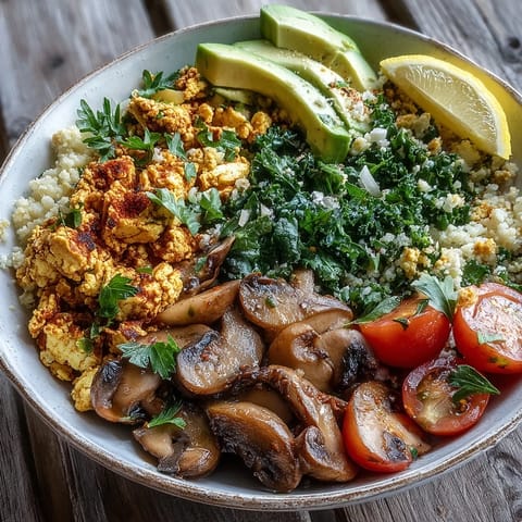Vibrant Scrambled Tofu Breakfast Bowl featuring golden tofu, garlicky mushrooms, and kale over fluffy whole wheat couscous.