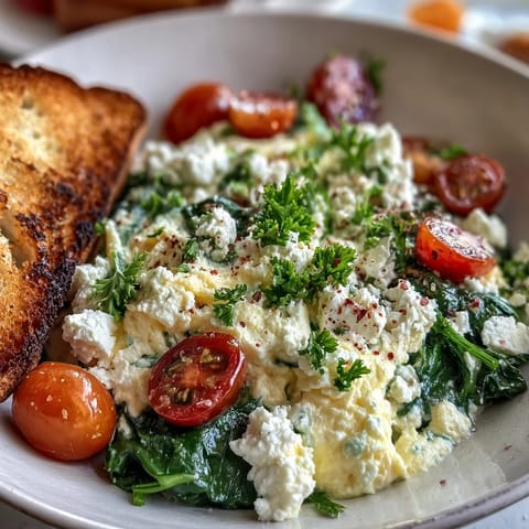 Fluffy scrambled eggs with sautéed spinach and creamy feta in a warm breakfast bowl. Served with crispy whole grain toast and halved cherry tomatoes for a fresh Mediterranean start.