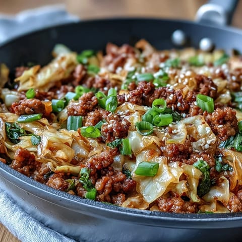 Heaping skillet of low carb Egg Roll in a Bowl topped with green onions and sesame seeds, ready to serve.