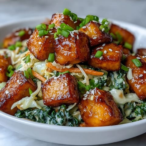 Tofu Egg Roll in a Bowl features crispy pan-fried tofu tossed with cabbage, kale, and a savory umami sauce in a skillet.