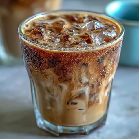 The roasted aroma is almost tangible as this Iced Hojicha Latte sits ready to sip, featuring a beautiful layer of milk over the dark tea and ice.
