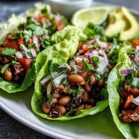 Black-Eyed Pea Lettuce Wraps served as a light vegetarian appetizer topped with avocado and a drizzle of hot sauce.