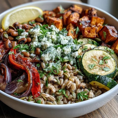 Overhead view of a hearty Black-Eyed Pea Grain Bowl with toasted pumpkin seeds and lemon wedges on a rustic table.