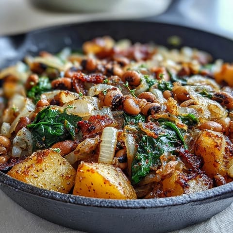 A close-up of a Black-Eyed Pea Skillet Dinner featuring golden potatoes, wilted spinach, and tender beans in a rustic cast iron pan.