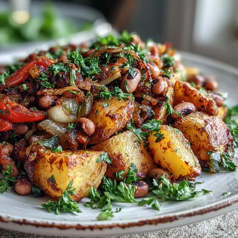 Tossed with smoked paprika, cumin, and thyme, this savory Black-Eyed Pea Hash cooks to crispy, golden-brown perfection in the oven.