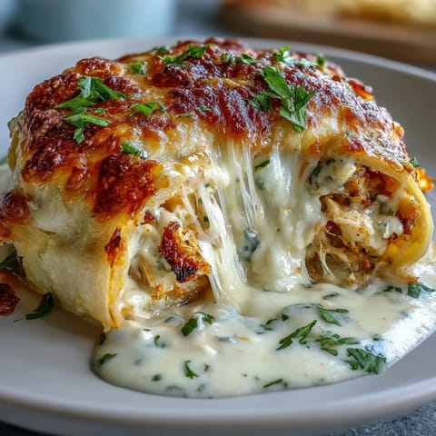 Freshly baked Cheesy Seafood Tortilla Bombs in a dish with creamy garlic sauce.