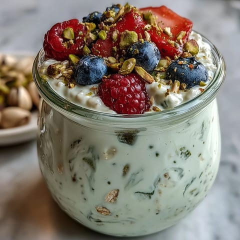 A spoon dipping into a jar of pistachio overnight oats, revealing the thick, chilled breakfast texture.