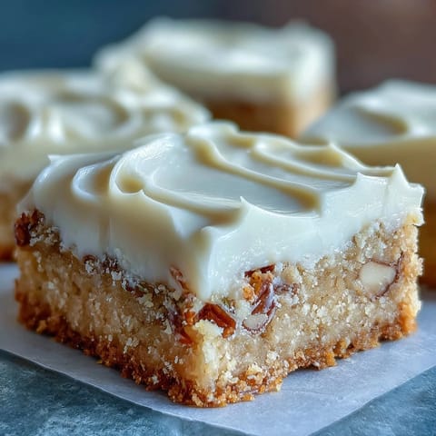 A close-up shows soft, chewy Almond Flour Sugar Cookie Bars, topped with smooth frosting and sprinkles.