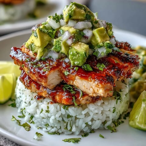 Fresh avocado, red onion, and cilantro mix adds vibrant color and flavor to the stacked tangy honey lime chicken dinner.