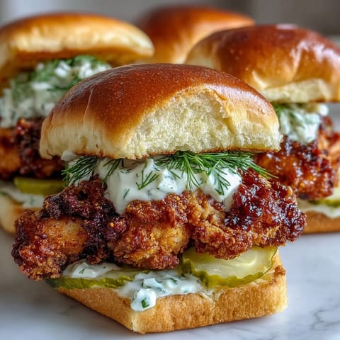 Crispy, fiery chicken thighs nestled in soft slider buns, topped with tangy dill pickle aioli and crunchy pickles — the ultimate Southern-inspired bite-sized treat.
