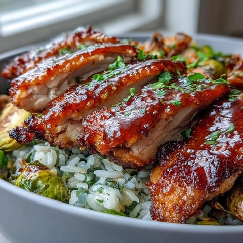 Sliced chicken and crispy vegetables top a hearty bowl of fluffy rice.