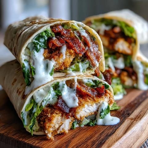 Golden-brown crispy chicken thighs and smoky bacon fill a soft tortilla with creamy Caesar salad.