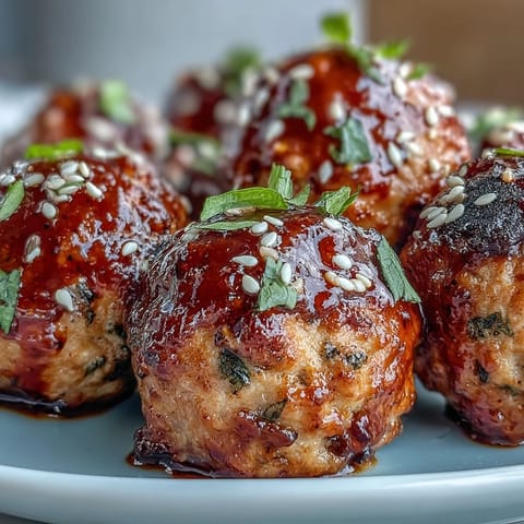 Freshly baked Spicy Chili Honey Turkey Meatballs glazed in a warm, fiery sauce, served in a rustic white bowl.