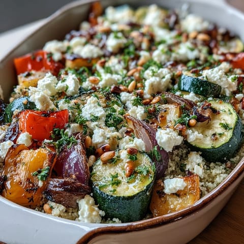 Golden roasted zucchini, peppers, and eggplant in a feta-topped couscous bake, garnished with fresh parsley.