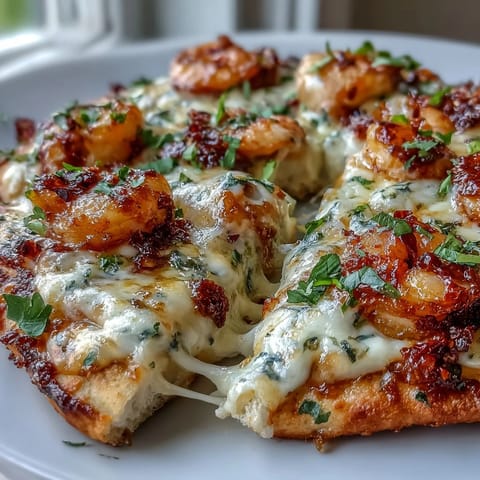 Freshly chopped parsley sprinkles over the bubbling Garlic Butter Shrimp Naan Pizzas, featuring succulent shrimp nestled in a creamy garlic sauce on golden-brown crusts.