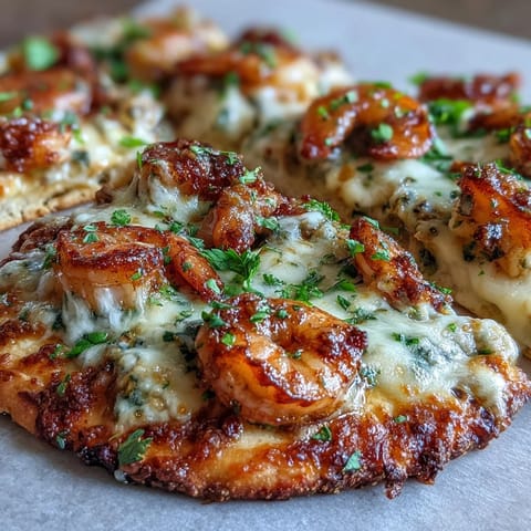 Golden, bubbly mozzarella blankets succulent garlic butter shrimp on a toasted Garlic Butter Shrimp Naan Pizza, ready to serve.