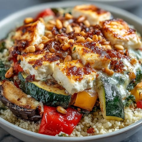 A close-up shows diced zucchini, bell peppers, and eggplant mixed with lemony couscous and finished with crumbled feta and pine nuts.