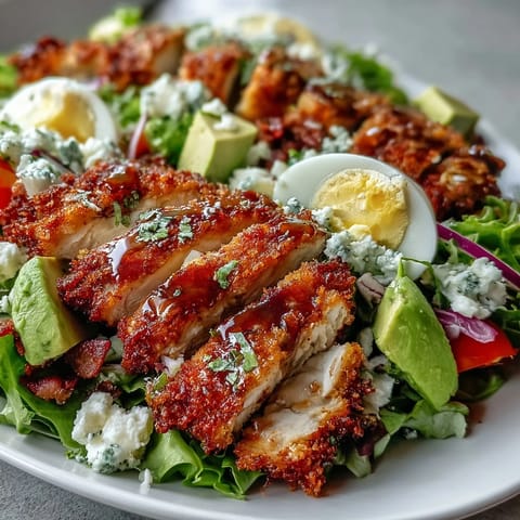 Golden Parmesan Crusted Chicken Cobb Salad ready to serve, featuring bacon, hard-boiled eggs, and tangy red wine vinaigrette.