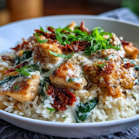 Steam rises from the creamy garlic-Parmesan sauce coating fluffy rice and sun-dried tomatoes in this hearty skillet meal.