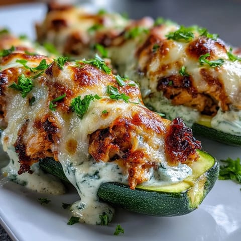 Freshly baked Keto Creamy Garlic Chicken Zucchini Boats filled with tender chicken and melted cheese, steaming on a plate.