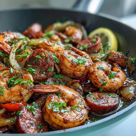 Keto Cajun Shrimp and Sausage Skillet in a hot pan with vibrant peppers and a garnish of fresh parsley.