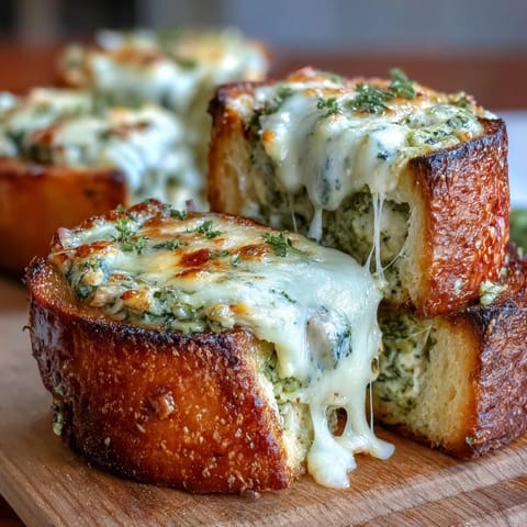 Melted mozzarella tops warm Pesto Chicken Garlic Bread Boats served alongside marinara for dipping.