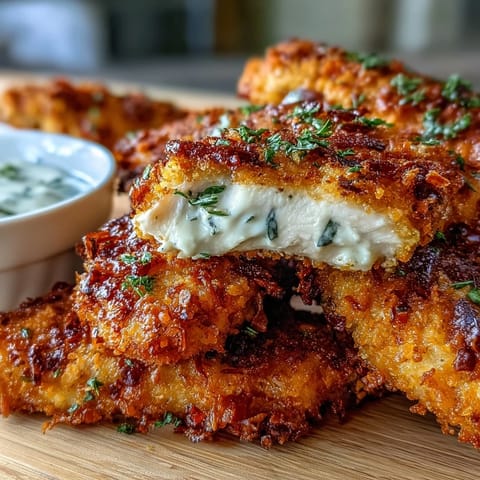 Golden, oven-baked Crispy Panko Ranch Chicken Tenders rest on a plate ready for dipping.