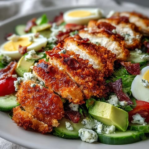 Hearty Parmesan Crusted Chicken Cobb Salad with bacon, blue cheese, and a drizzle of tangy dressing.