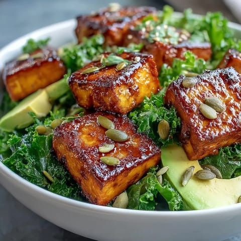 Vibrant vegan breakfast bowl featuring crispy tofu cubes, wilted kale, and fresh avocado, served with lemon wedges for a zesty finish.