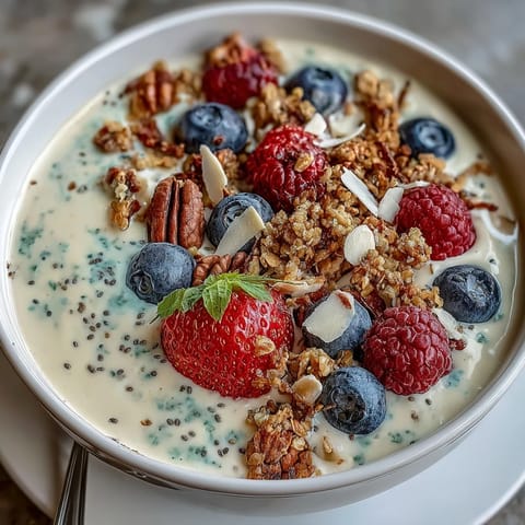 Creamy Greek yogurt blended with mixed berries and banana, garnished with chia seeds, nuts, and tropical coconut for a protein-packed breakfast.  