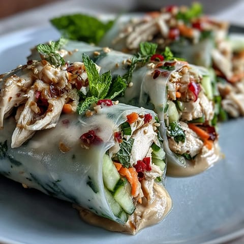 Light Chicken and Veggie Spring Rolls with Peanut Sauce, filled with fresh vegetables and tender chicken, served with creamy peanut dipping sauce.  
