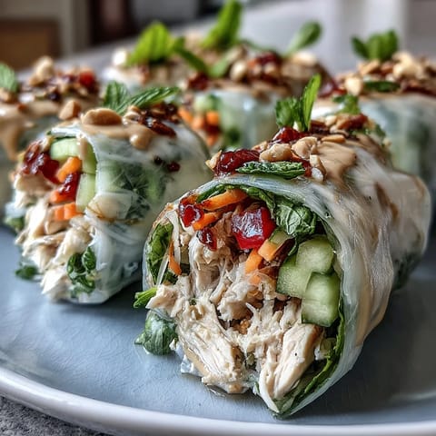 Vibrant spring rolls packed with shredded chicken, crisp veggies, and herbs, paired with a tangy peanut sauce for dipping.  