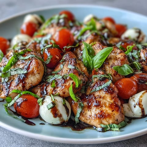 Vibrant grilled chicken Caprese bowls with juicy tomatoes, fresh mozzarella, and basil, drizzled with tangy balsamic reduction for a light meal.  