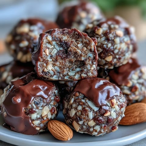 Vegan chocolate peanut butter protein balls with oats, cocoa, and chocolate chips for a healthy snack.