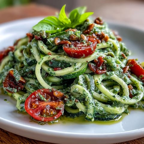 Creamy vegan pumpkin seed pesto zucchini noodles with fresh basil and cherry tomatoes, served as a light and satisfying plant-based main dish.