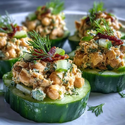 A colorful platter of vegan chickpea tuna salad stuffed into crisp cucumber boats, garnished with fresh dill for a light and refreshing appetizer.