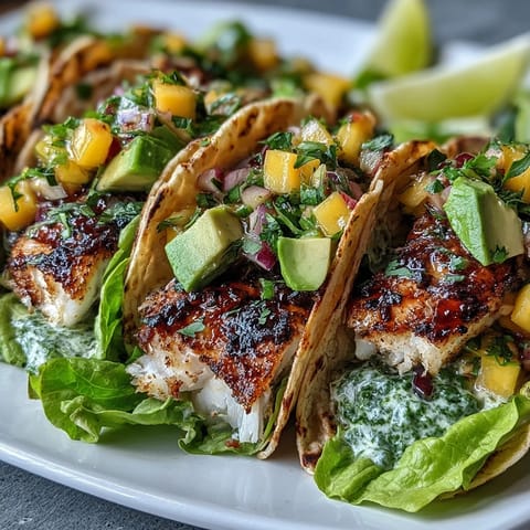 Zesty grilled fish tacos wrapped in crisp lettuce shells and topped with vibrant mango salsa for a fresh, healthy meal.