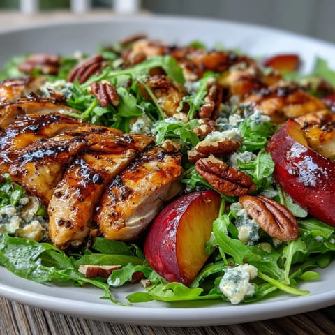 Vibrant summer salad with grilled peaches, arugula, and sliced chicken breast, finished with tangy balsamic reduction and crumbled feta.  