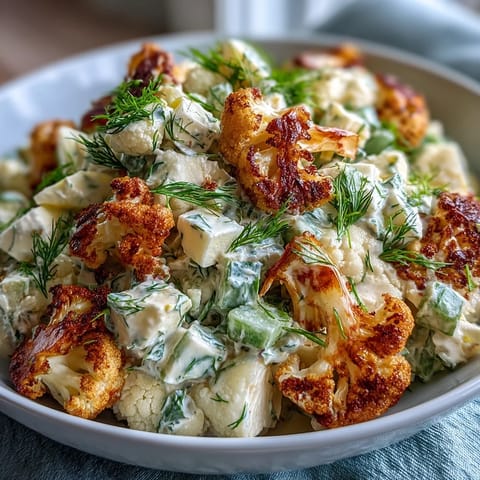 A low-carb twist on classic potato salad featuring tender cauliflower, crisp dill pickles, and hard-boiled eggs in tangy, herb-flecked dressing.  