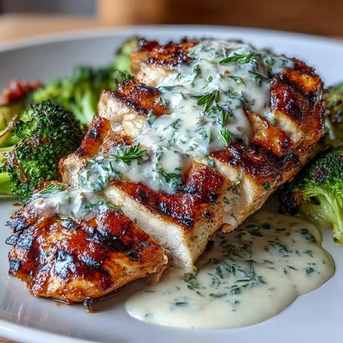 Keto-friendly grilled chicken breast served over sautéed broccoli with rich, velvety garlic-Parmesan cream sauce.  