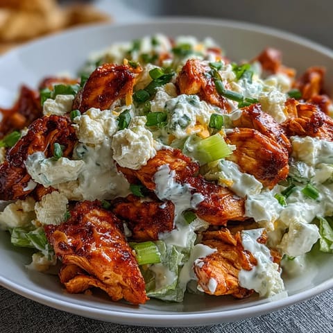 Creamy buffalo chicken salad with cottage cheese, shredded chicken, and crunchy vegetables, perfect for a healthy, protein-packed lunch.  