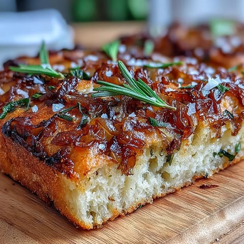 Golden sourdough focaccia topped with sweet caramelized onions and fresh rosemary, perfect for sharing at dinner or gatherings.