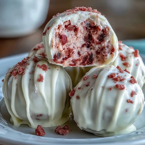 Decadent strawberry truffles with creamy white chocolate coating, perfect for Valentine's Day celebrations.