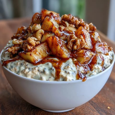 Overnight oats layered with tender cinnamon apples and toasted walnuts, a satisfying morning treat.  