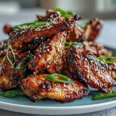 Crispy air fryer chicken wings glazed with sticky honey garlic sauce and sesame seeds.  